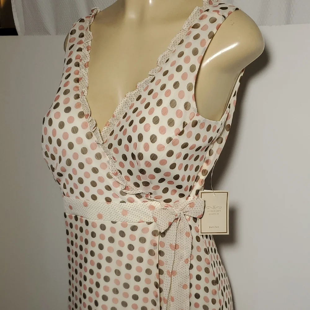 NWT Jonathan Martin Polka Dot Wrap Midi Dress Size 8 Cream Color Brown Pink Dot - Picture 2 of 12